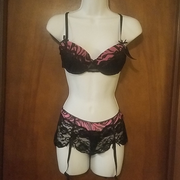 TWO PIECE HOT PINK AND BLACK ZEBRA LINGERIE SET - Picture 1 of 5